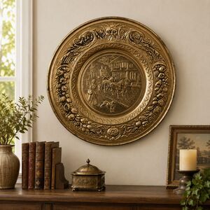 Vintage Large Embossed Brass Wall Charger Plate | Horse Carriage Village Scene
